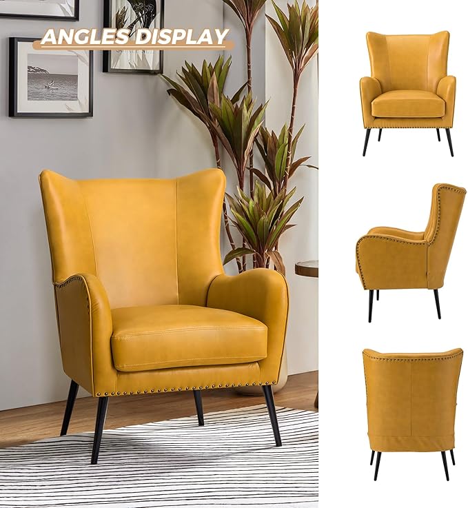 HULALA HOME Faux Leather Accent Chair Set of 2 with Removable Cushion, Comfy Upholstered Armchair with Metal Legs & Nailhead Trim Wingback Vanity Chair for Reading Living Room Bedroom, Yellow