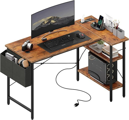 DUMOS 39" Corner Gaming Desk, L Shaped Computer Desk with 3AC+2USB+1Type-C Power Strip, Storage Shelves & Side Hanging Fabric Organizer, Rustic Brown Gaming Workstation for Home Office and Bedroom