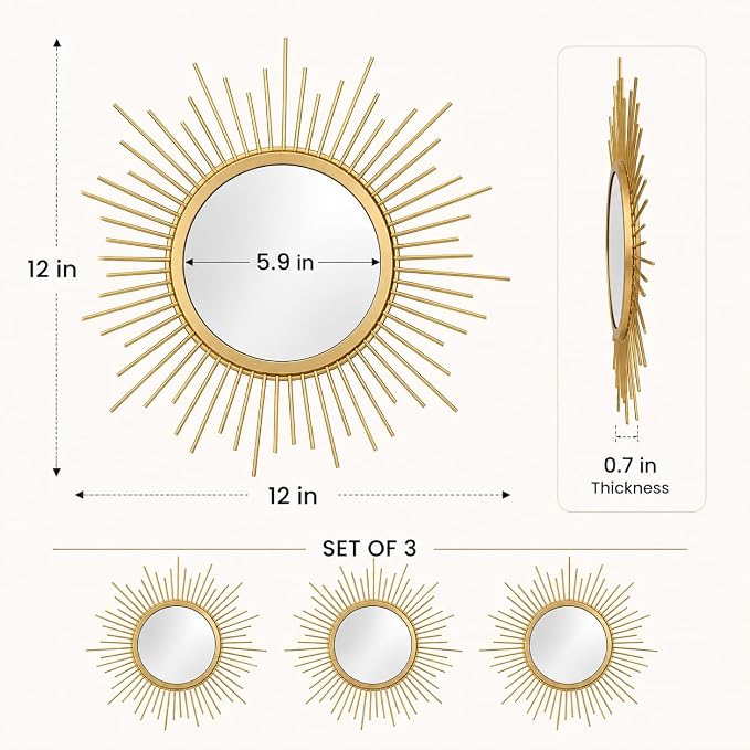 Gold Sunburst Mirror Set of 3, 3PCS Metal Round Decorative Wall Mirrors, Starburst Accent Mirror Wall Decor for Living Room, Bedroom, Entryway, Hallway & Bathroom