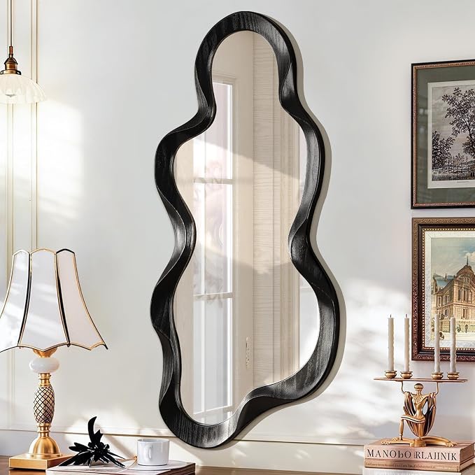 Asymmetrical Mirror Irregular Wall Mirror Modern Wood Frame Unique Mirrors Cute and Stylish Cloud Wavy Mirrors Decorative for Cloakroom Bedroom Living Room Bathroom Entryway 30"x14"