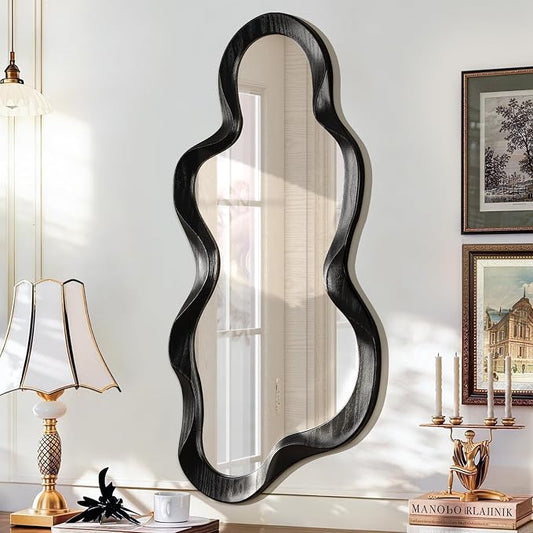 Asymmetrical Mirror Irregular Wall Mirror Modern Wood Frame Unique Mirrors Cute and Stylish Cloud Wavy Mirrors Decorative for Cloakroom Bedroom Living Room Bathroom Entryway 30"x14"