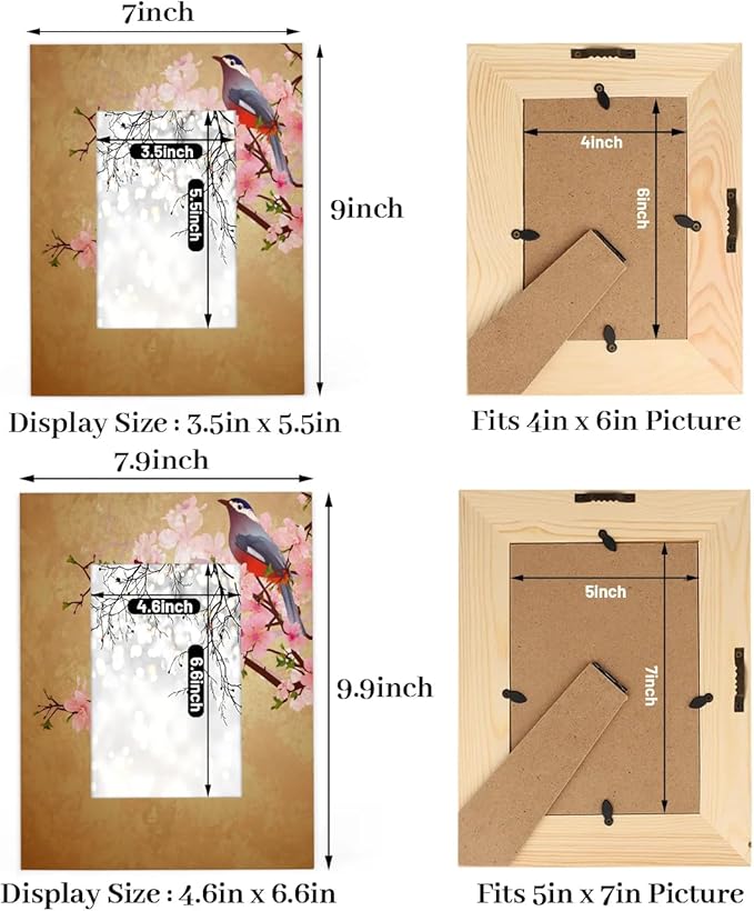 Retro Cherry Flower Birds 5x7 Picture Frame Wooden Photo Frames for Tabletop Display Wall Mounting Fits 5x7 Pictures Home Office Decor