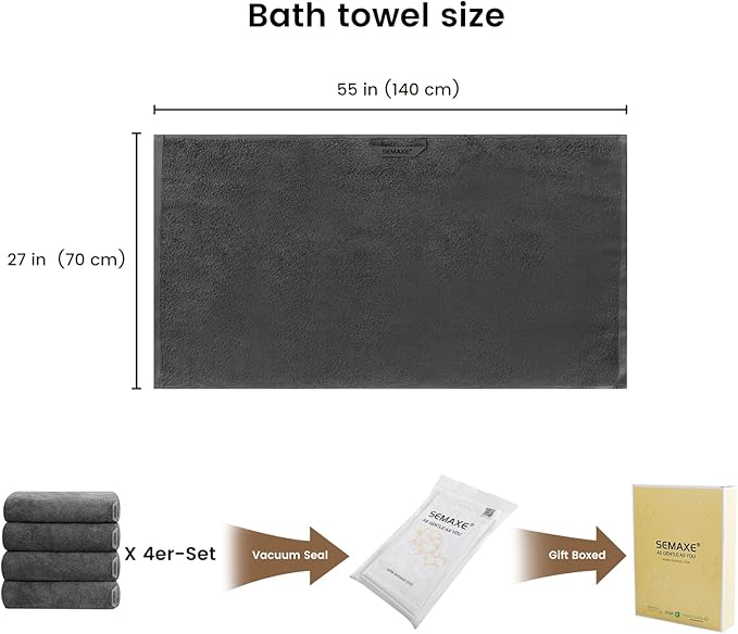 SEMAXE Grey Bath Towels Set of 4, 100% Cotton Luxury Bathroom Towels, Soft, Absorbent, and Quick-Drying, 55"x27", Perfect for Hotels, Gyms, and Spas