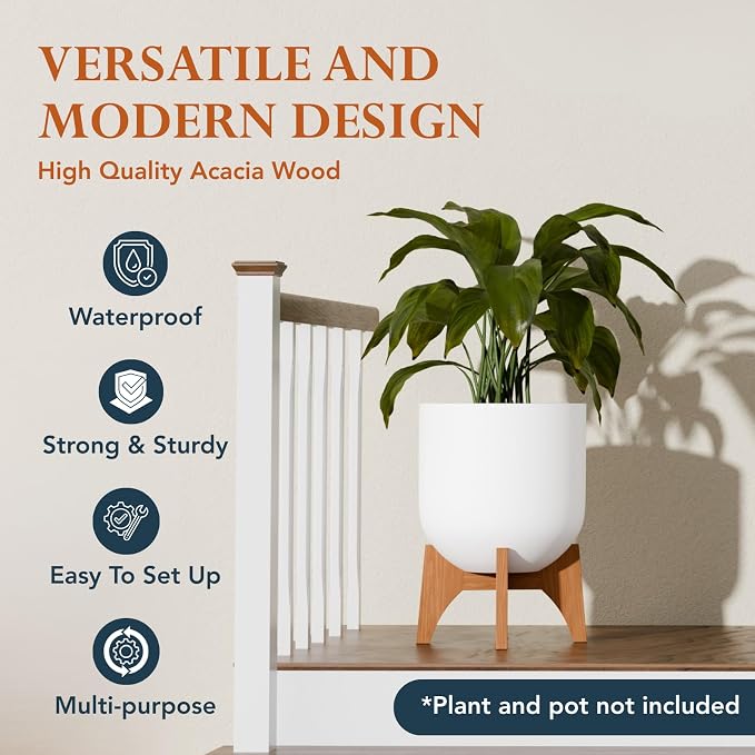 KUTE NEST 11.5" H x 17.9" W Acacia Solid Wood Plant Stand, Mid Century Plant Holder for Outdoor & Indoor Use, Ideal for Corso & Arco Planter, Golden Finish for Modern Home (Golden Teak, Low - Medium)