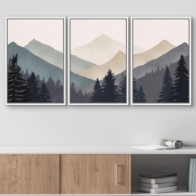 wall26 Framed Canvas Print Wall Art Set Woodland Nursery Decor Blue Gray Duotone Mountain Forest Abstract Nature Nordic Decorative Minimal Boho for Living Room, Bedroom, Office - 16"x24"x3 White