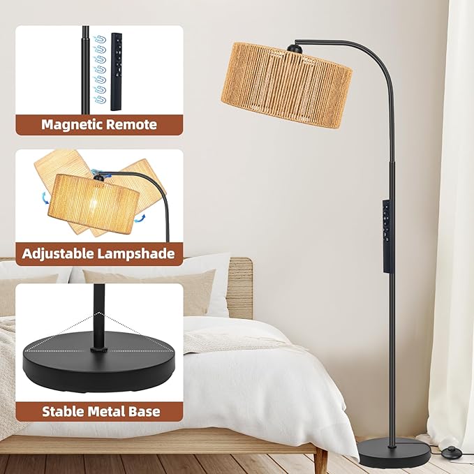 Boho Standing Lamp with Dimmable Bulb Nartual Rattan Adjustable Lampshade, Black Modern Farmhouse Rattan Floor Lamp for Living Room, Bedroom, Office, Classroom