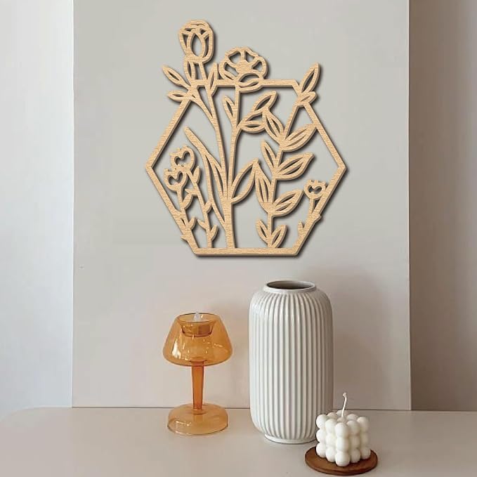 CREATCABIN 3Pcs Flowers Wood Wall Decor Wooden Black Wall Art Decoration Hanging Set Hollowing Out Hexagon Flower Sculpture Laser Cut Wooden Sign Ornament for Home Bedroom Gallery Office 11.8x13.8Inch