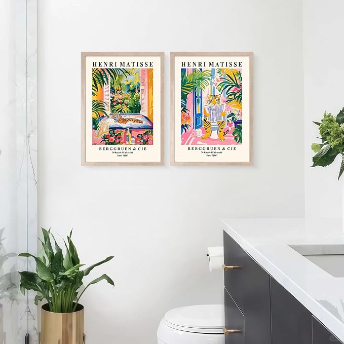 Framed Henri Matisse Tiger Wall Art Canvas Print Colorful Modern Painting Poster Funny Bathroom Poster Living Room Bedroom Gallery Home Wall Decor 12x16 Inch x2 Ready to Hang