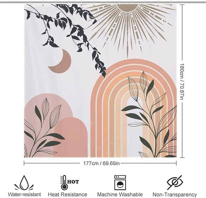 Mid Century Abstract Boho Shower Curtains Geometric Leaf Sun Minimalist Modern Cafe Washable Waterproof Fabric for Bathroom Decor Bathtub with 12 Hooks 72x72in (183x183cm)