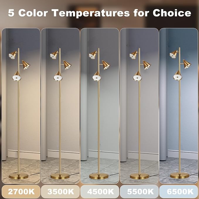 Floor Lamp with 3 Rotatable LED Lights，Magnetic Remote，and 5 Color Temperatures