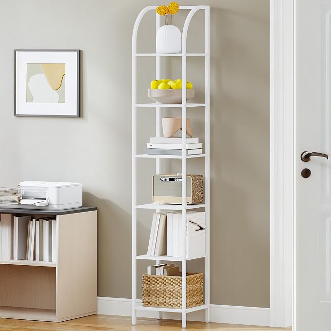 Hzuaneri Bookshelf Narrow Bookcase, Tall Storage Rack with Steel Frame, Display Standing Shelf Unit, Skinny Book Shelf for Study Living Room Home Office, Industrial Style, 6-Tier White BC56013W