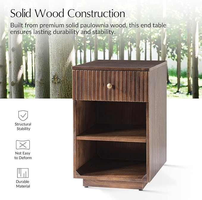 HULALA HOME Mid-Century Modern End Table with Drawer and Open Shelves, Solid Paulownia Wood Side Table, Brass Knob, No Assembly Required(Walnut)