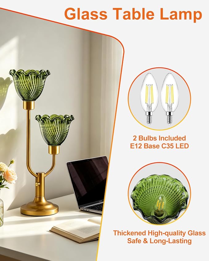 Lightdot Vintage Green Glass Table Lamp for Living Room Dimmable Mid Century Modern Desk Lamp Gold Flower Nightstand Lamp 2 Bulbs Included Warmwhite Ambient Bedside Lamps for Bedroom Home Office Decor