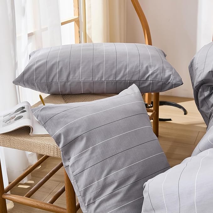 Merryword 100% Cotton Stripe Duvet Cover Set Queen Size - Gray Striped Duvet Cover Set with Zipper Closure & 8 Corner Ties, Modern Minimalist Wide Stripe Bedding Set for Cozy Elegant Bedroom