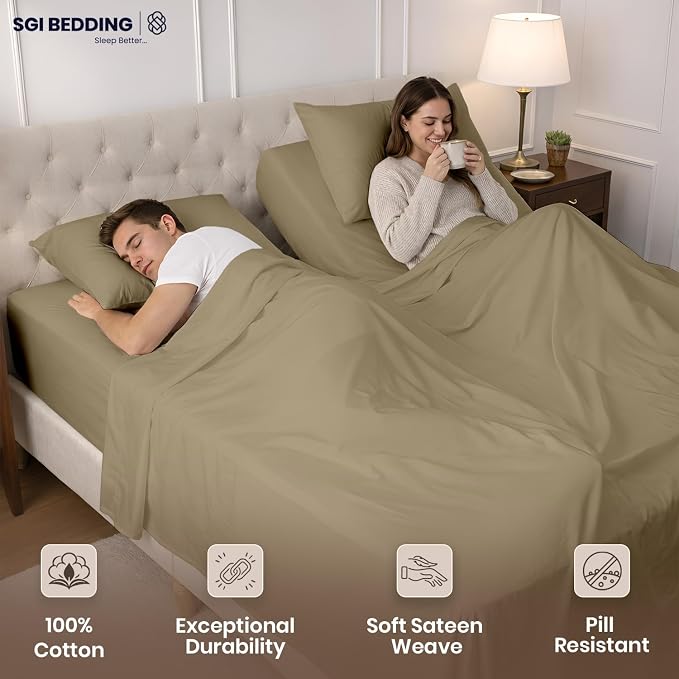 SGI Split King Sheet Set for Adjustable Bed Egyptian Premium Cotton 600 Thread Count Sheets for Sleep Number Bed 15" Deep Pocket 5 Pc Set with 2 Twin XL Fitted Sheets Soft Breathable -Taupe