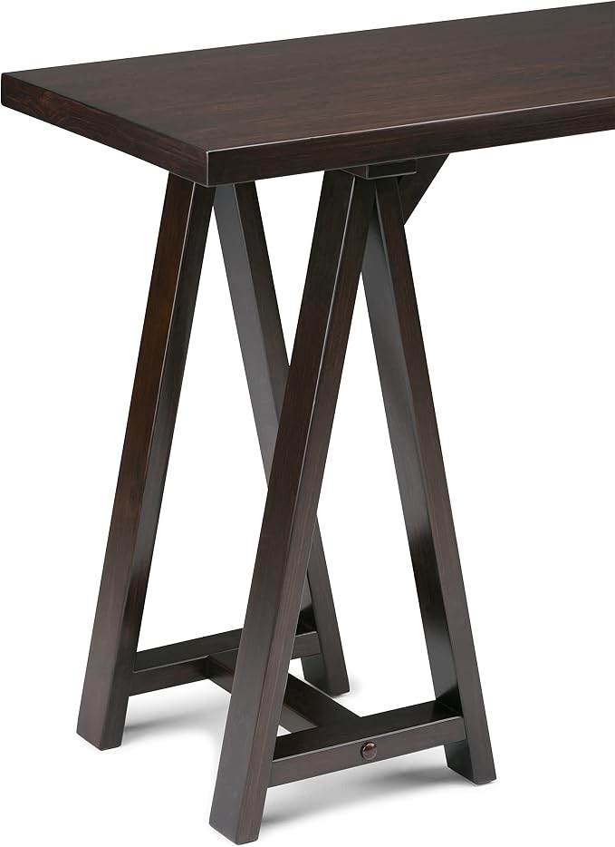 SIMPLIHOME Sawhorse Console Table - 50 Inch Wide Solid Wood Sofa Table in Dark Chestnut Brown, Modern Industrial Entryway Table for Living Room with Extra Thick Top and Sawhorse Legs