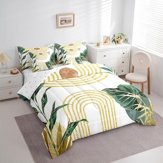 Erosebridal Modern Boho Green Bedding Set King Minimalist Mid Century Comforter Set 7 Piece Simple Aesthetic Art Bed in A Bag for Adults Minimalism Plant Quilt with Flat Fitted Sheet