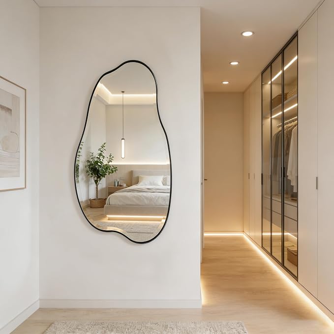 POZINO Large Irregular Beveled Mirror, 53.5"x27" Asymmetrical Vanity Wall Mirror with Metal Frame, Organic Shape Mirrors for Entryway Bathroom Living Room Bedroom, Horizontal/Vertical Hanging