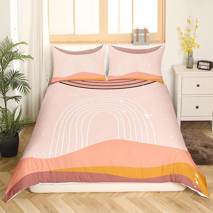 Erosebridal Pink Aesthetic Comforter Cover Girly Minimalist Bed Set for Girls Women, Modern Duvet Cover Twin Size Mid Century Bedding Sets, Boho Abstract Art Bedspread Cover Microfiber