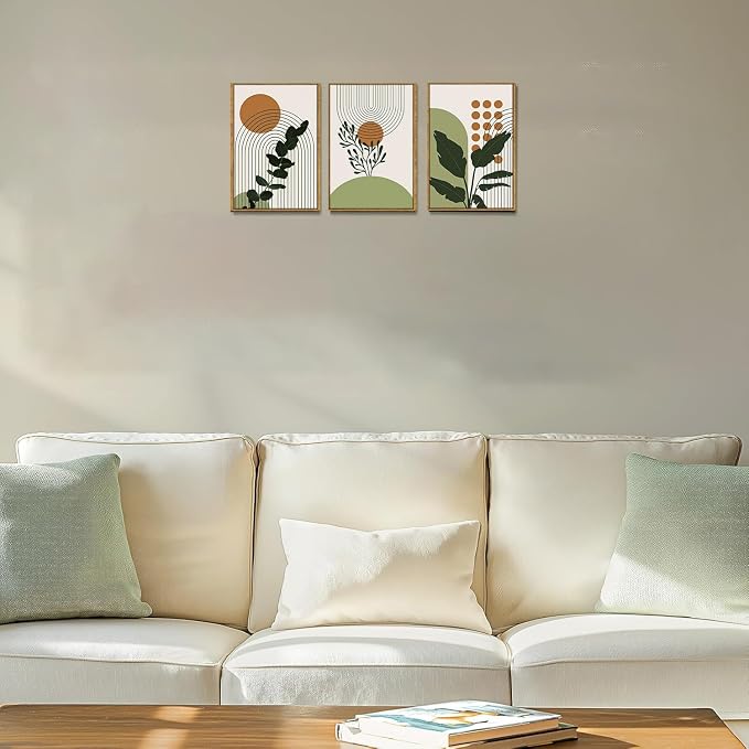 Bwodke Boho Wall Art, Framed Abstract Wall Art, Botanical Canvas Wall Decor, Mid Century Plant Leaf Geometric Pictures Set of 3, Minimalist Paintings, for Bedroom Living Room Bathroom 12"x16"