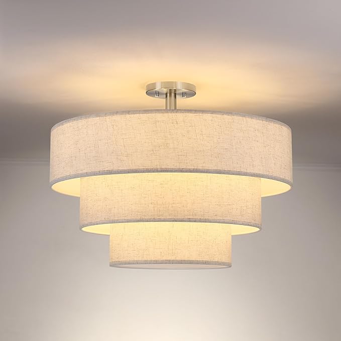 Doraimi Lighting 3 Tier Cream Linen Drum Fabric Semi Flush Mount Light Modern Farmhouse Decor 7 Light 24 Inch Brushed Nickel Finish for Kitchen Living Room Dining Room Corridor Hallway