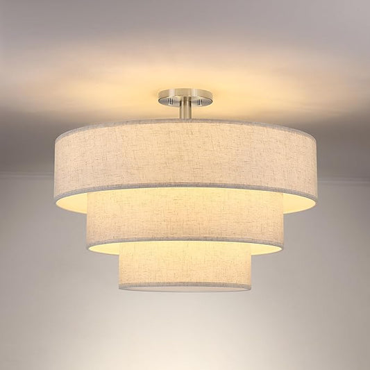 Doraimi Lighting 3 Tier Cream Linen Drum Fabric Semi Flush Mount Light Modern Farmhouse Decor 7 Light 24 Inch Brushed Nickel Finish for Kitchen Living Room Dining Room Corridor Hallway