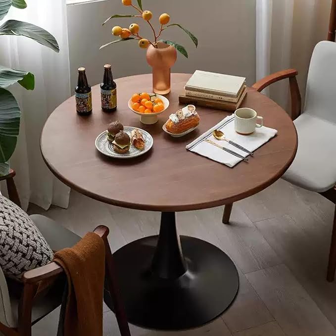 23.4" Round Tulip Dining Table for 2-4 People with Walnut Top and Black Metal Pedestal Base, Mid-Century Modern Small Space Table for Kitchen, Living Room, Cafe