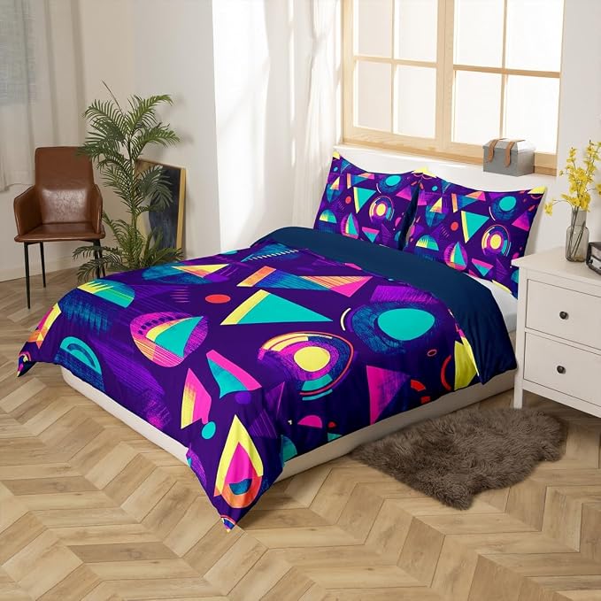 Retro 80s Style Bedding Set Queen,Abstract Geometric Pattern Duvet Cover Urban Modern Design With Circles And Triangle Comforter Cover Colorful Pop Art Inspired Pattern Quilt Cover For Boys Child