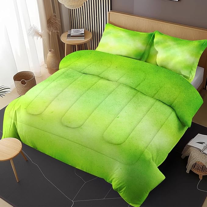 Comforter Set with 2 Pillowcases Full Size, Modern Lime Green Lemon, Bed Decor Watercolor Pastel Dye Stained Abstract for Kids and Adults, Soft Cozy Bedroom Bedding Set