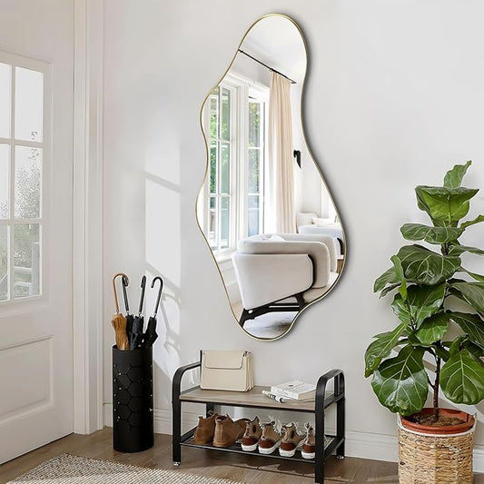 Irregular Wall Mirror, 47"x22" Gold Asymmetrical Mirrors with Metal Frame, Unique Shaped Decorative Mirror, Modern Abstract Mirrors for Living Room Bathroom Bedroom Hallway Entryway