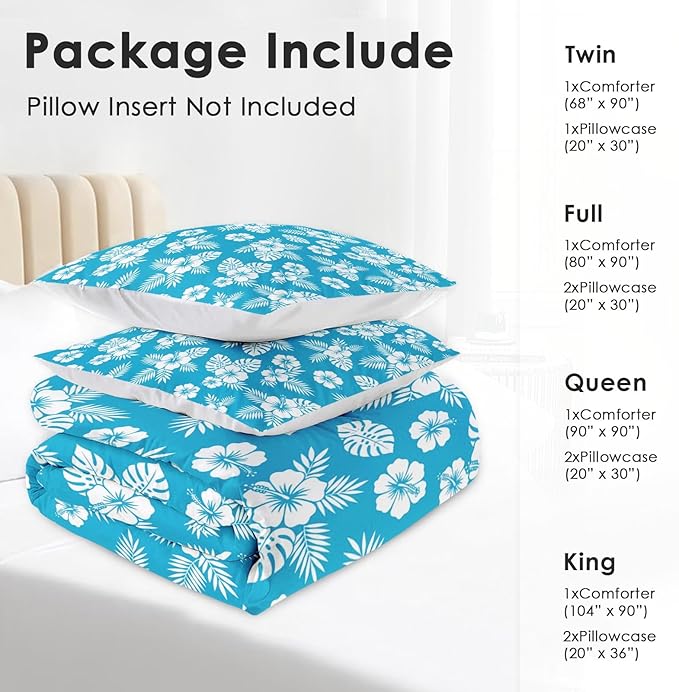 Pamnest Comforter Set Queen Size, Blue Hawaiian Flower Soft 3 Pcs Bedding for Kids and Adults, Hibiscus Beach Surf Comforter Set with 2 Pillowcases for Bedroom Bed Decor