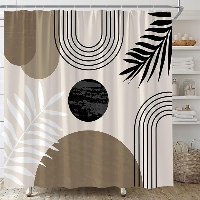 Mid Century Modern Shower Curtain Boho Brown Abstract Retro Aesthetic Fabric for Bathroom Decor Bathtub with Hooks (59" WX70 H)