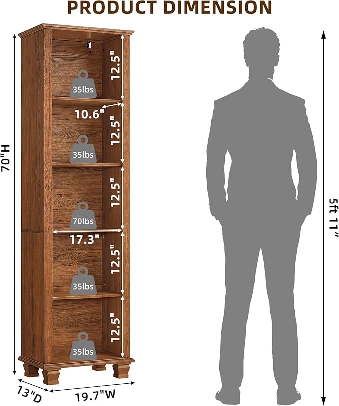 SAVOR LIFE 70" Tall Narrow Book Shelf, Wood Skinny Bookshelf with Adjustable Shelves & Wooden Legs, Farmhouse Bookcase w/5-Tier Storage, Free Standing Bookshlves for Office, Living Room, Brown, 2PCS