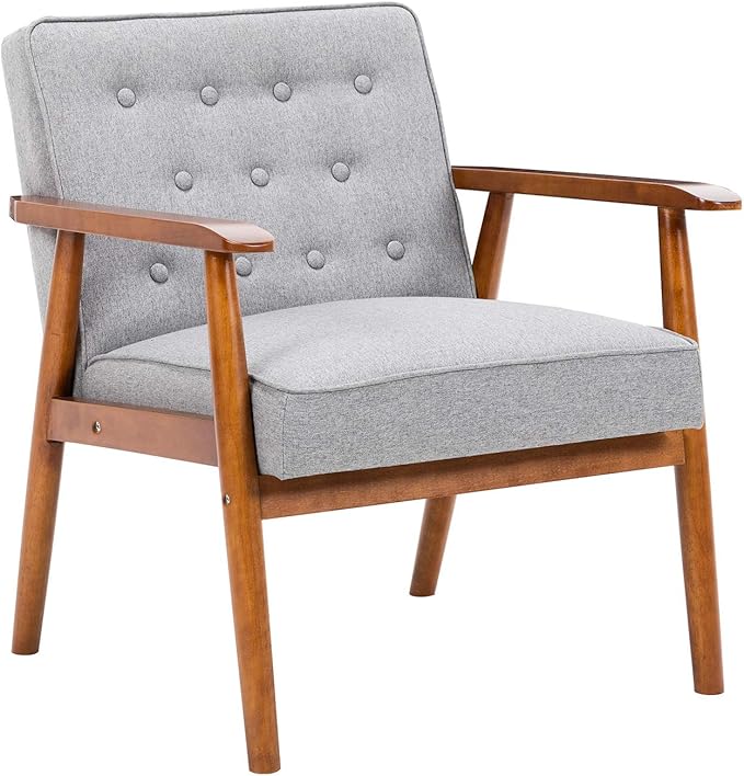 UNICOO® Mid-Century Retro Modern Accent Chairs, Solid Wood Armrest Lounge, Upholstered Mid Century Modern Chair, Walnut Finish with Innerspring Seat Cushion, Linen-Look Fabric (U205-1-GY)