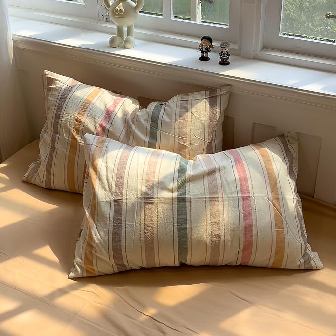 mixinni Vintage Striped Duvet Cover Set King, 3-Piece 100% Washed Cotton Bedding Set - Soft & Breathable Colorful Comforter Cover with Zipper, All-Season Lightweight Bed Set for Cozy Home