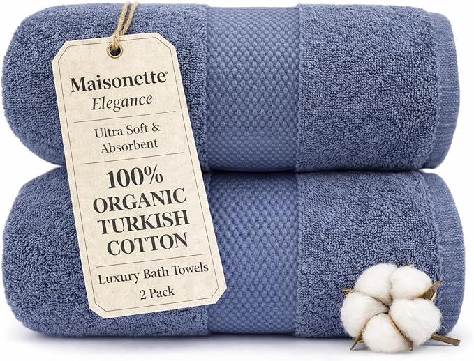 Maisonette Elegance 100% Organic Cotton Turkish Bath Towels, Soft & Absorbent, Ideal Quick Dry Large Luxury Bathroom Towel Set for Shower (30" x 58", 2 Pack) - Dark Blue (Mineral)
