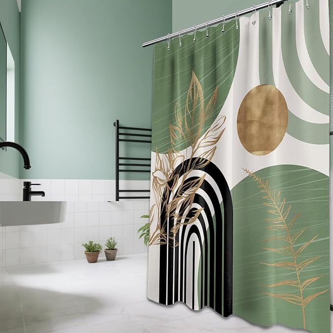 Sage Green Shower Curtain Boho Mid Century White and Light Green and Black Shower Curtains for Bathroom Decor, Waterproof Cloth Fabric with Hooks, 60" W x 72" L