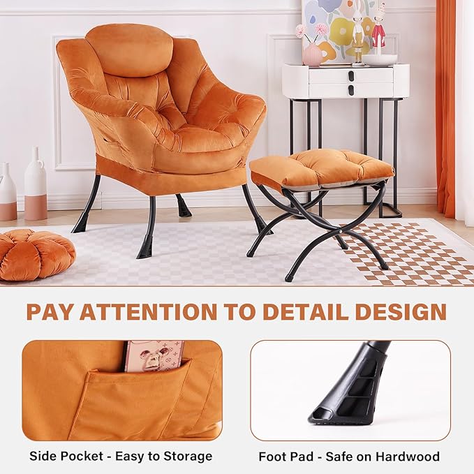 Tiita Lazy Chair with Ottoman, Orange Modern Large Accent Armchair, Comfy Leisure Sofa Reading Chair with Footrest for Bedroom, Living Room, Dorm Rooms, Garden, Velvet Orange