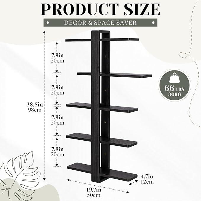 Pinkunn Floating Shelves for Wall, 5 Tier Wall Mounted Shelf Unit with 19.7 Inch Pine Wood Shelves and Black Frame, Decorative Plant Photo Book Display Shelf for Living Room Bedroom Bathroom