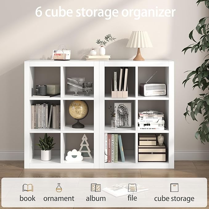 furtble 6 Cube Storage Organizer Bookshelf, 2-Pack Modern Wood Open Bookcase, Multifunctional Display Cubicle Shelf for Living Room, Bedroom, Home Office, White