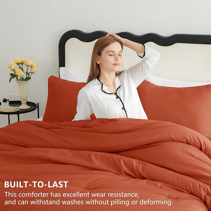 CozyLux Twin Comforter Set College Dorm Essentials, 2 Pieces Burnt Orange Twin Extra Long Solid Bedding Sets, Terracotta Bed Set with Down Alternative Comforter and 1 Pillowcase, Back to School Gift