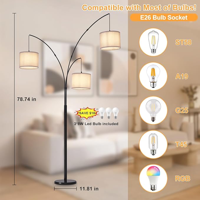 DLLT Modern Floor Lamp for Room: 3-Light Black Tree Dimmable Floor Lamps with Black Shades for Living Room - Arc Standing Lamp for Bedroom - Tall Floor Lamp for Office Corner 3 LED Bulbs Included
