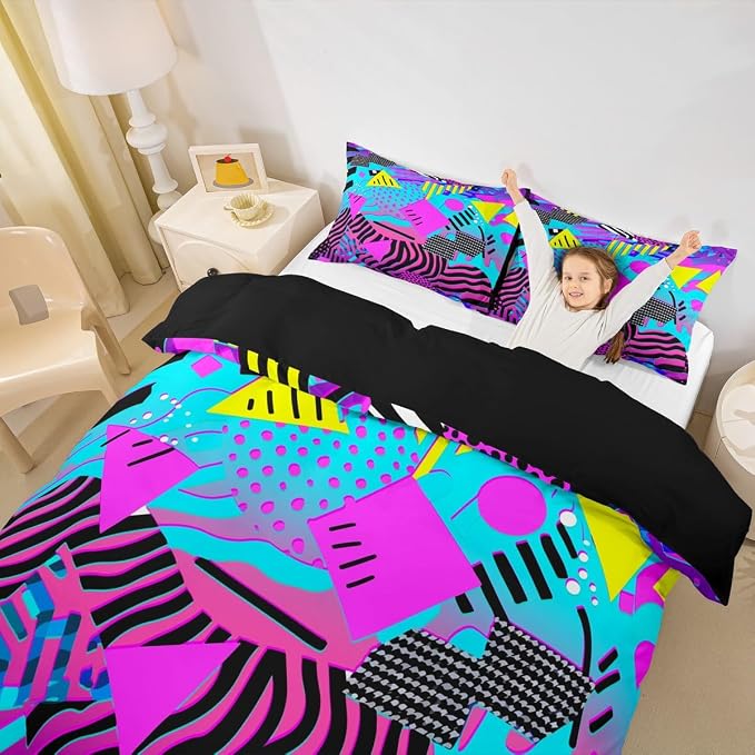 Tiger Skin Bedding Set Queen Size Purple Teal Blue Wild Animal Skin Duvet Cover,Vintage 80s 90s Memphis Comforter Cover Mens Hipster Hip-Hop 3D Geometric Quilt Cover Wildlife Fur Spot Room Decor