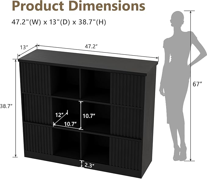 Einhomn 12 Cube Storage Organizer with Sliding Doors, Modern Fluted Bookshelf with Storage Cabinet, Wooden Bookcase with 6 Open Shelves for Living Room, Home Office, Bedroom, Black