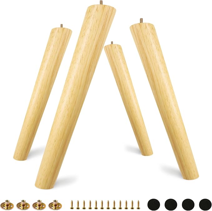 FoDau770 Rubber Wood Furniture Legs 16 Inches, Slant Tapered Wood Feet Mid Century Sofa Legs Set of 4, 5/16" UNC Furniture Feet Replacement Parts for Cabinet Couch Dresser Chair Ottoman Table
