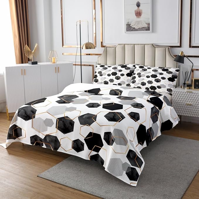 Erosebridal Black and Grey Quilt Set for Bedroom - Marbling Geometric Art Kids Coverlet Set, Minimalist Abstract Golden Striped Bedspread Sets for Home Decor, Twin 2 Pieces