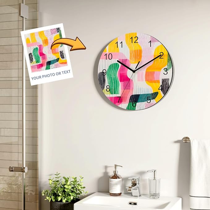 Impressionist Style Wall Clock Battery Operated Non-Ticking 12" Round Wood Clocks, Abstract Colorful Line Color Block Kitchen Wall Clock for School Bathroom Living Room Home Office Wall Decor