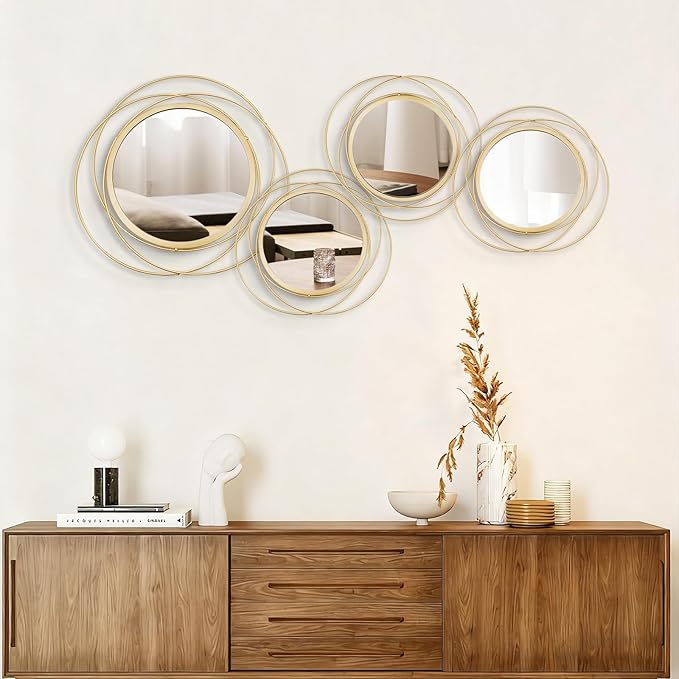 4 Set Circle Mirrors for Wall Decor for Living Room Bedroom Bathroom Entryway Metal Round Mirror Decorative Hanging Mirrors Sun Bohemian Geometric Accent Sculpture -Gold 11 in/9.2 in