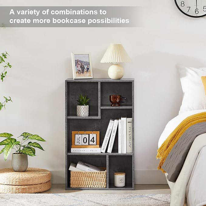 VECELO 5 Cube Modern Bookcases, 3 Tier Bookshelves, 31 Inch High Cubby Storage Organizer, Shelf Hight Up to 12.8 Inches Suit for Most Books, Vertical or Horizontal Use Available,Grey