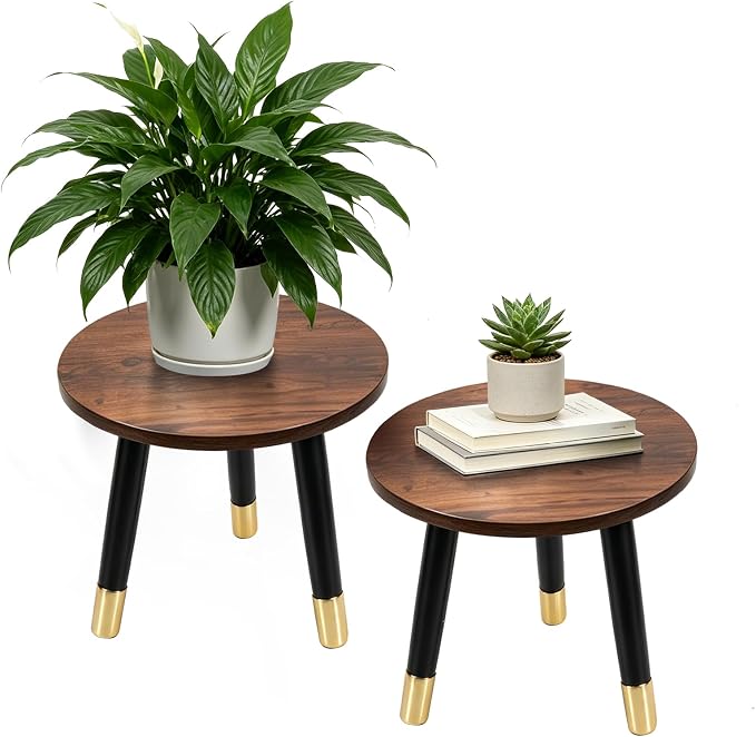 2-Pack Mid Century Plant Stand for Indoor Plants, Modern Wood & Metal Flower Pot Holder Stand for Living Room, Decorative Small Round Side Table for Balcony, Patio, Office, 8.9” High, Walnut+Black